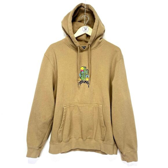 STUSSY Cactus Hoodie Embroidered Logo Tan Skater Streetwear Sweatshirt Mens L - Picture 1 of 7